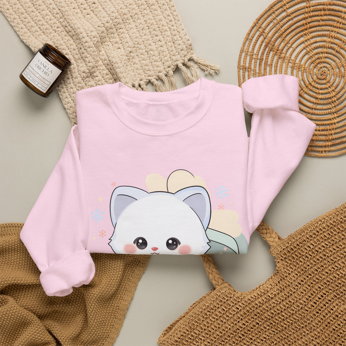 Kawaii Arctic Fox Sweatshirt, Cute Gift Box Fox Crewneck