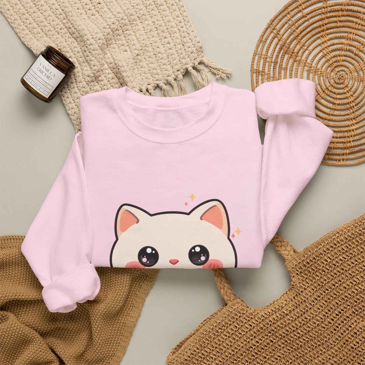 Kawaii Latte Cat Sweatshirt, Cute Chibi Coffee Cat Crewneck