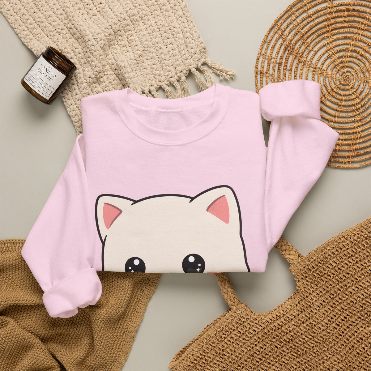 Kawaii Cat Strawberry Sweatshirt, Cute Chibi Crewneck