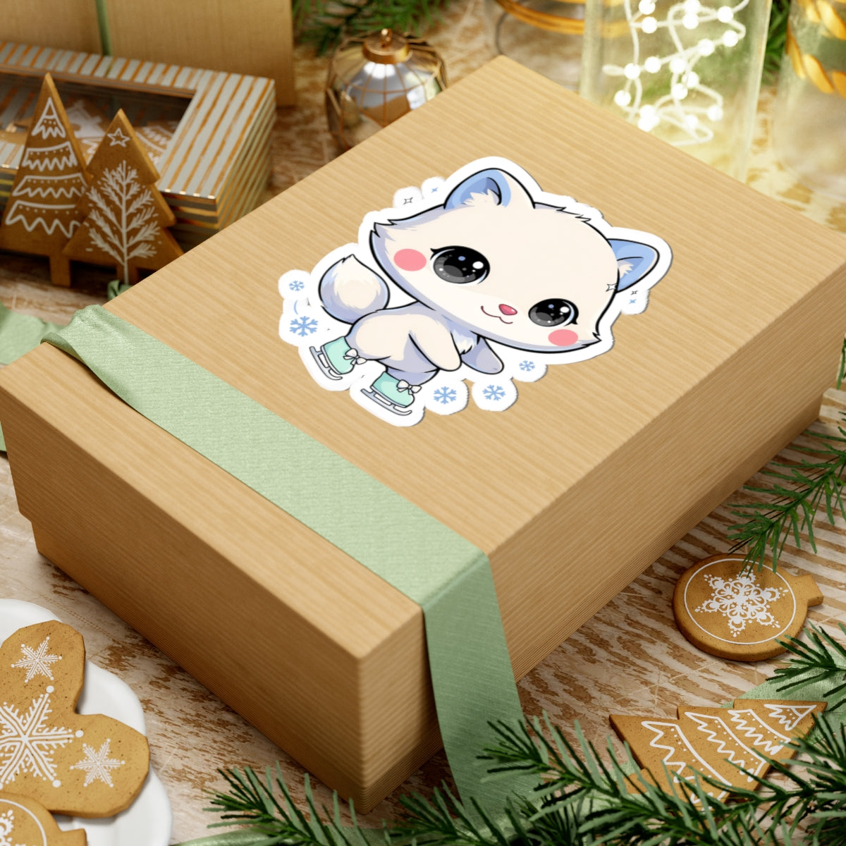 Kawaii Arctic Fox Ice Skating Kiss-Cut Sticker