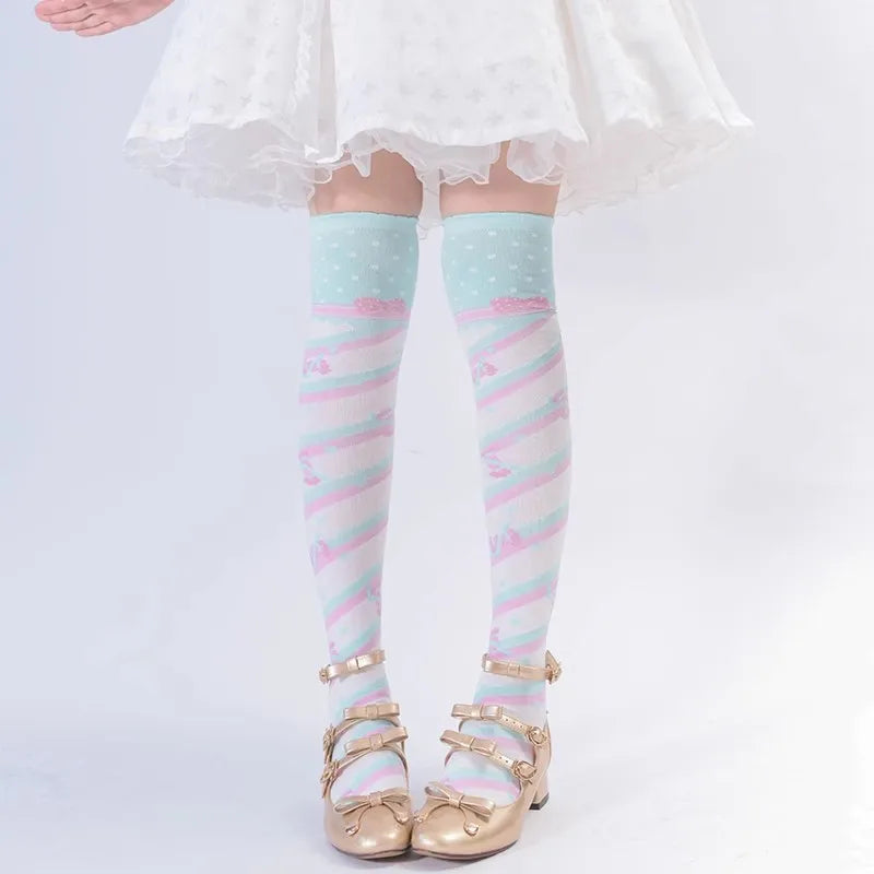 JK candy stripe stockings detail shot showing thick polyester knit construction