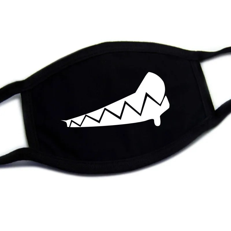 Kawaii anime mouth mask with zigzag bite print on black fabric, unisex Harajuku face mask