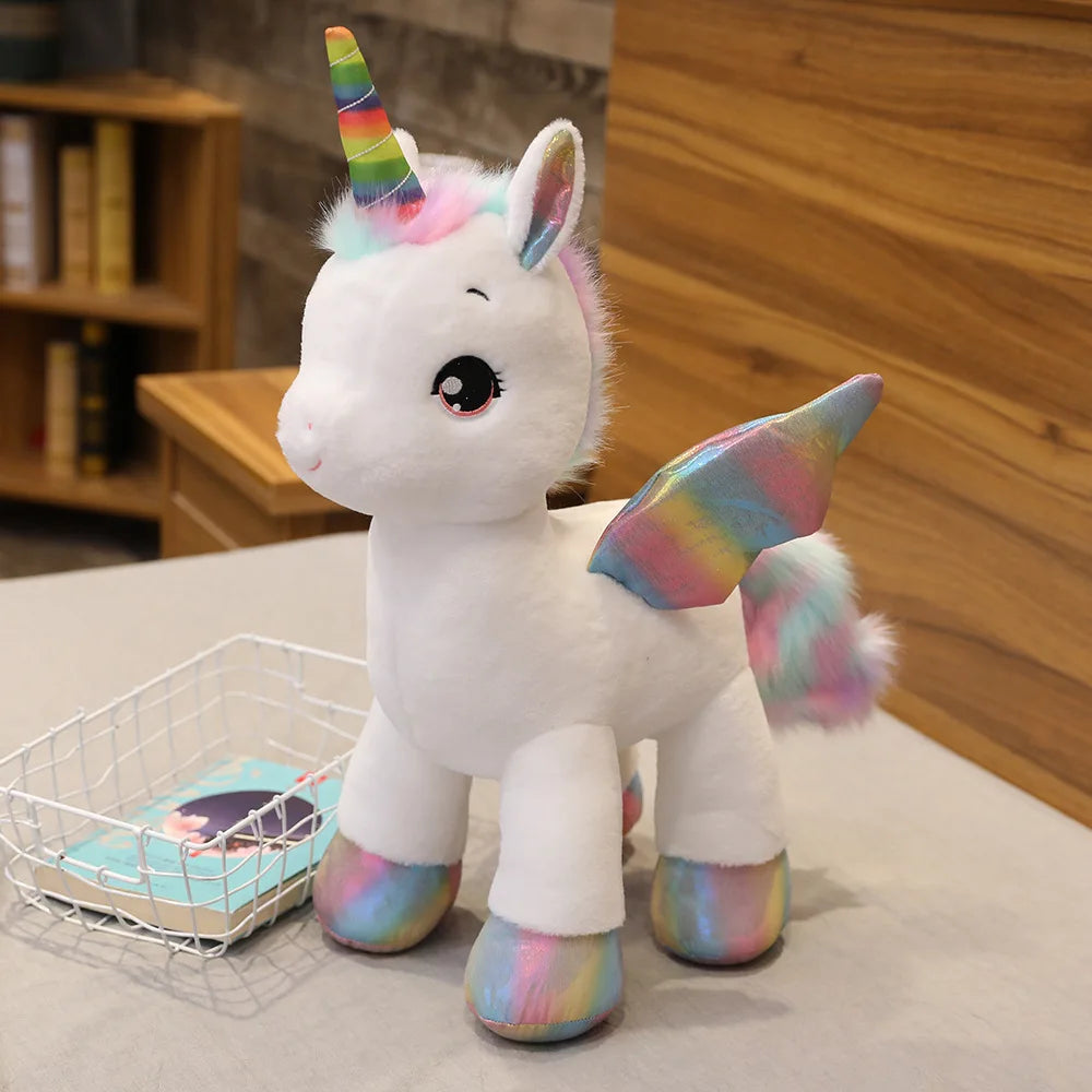 Kawaii unicorn plush gift packaging, pink and white variants side by side