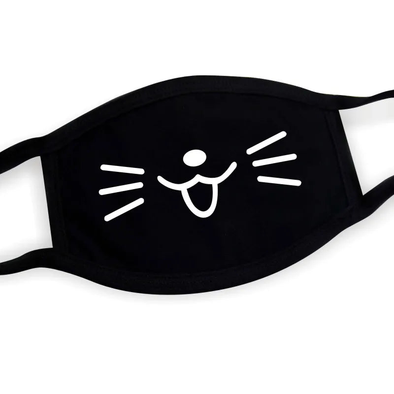 Black kawaii kitty face mask with neko-guchi cat tongue anime mouth print, adjustable ear loops, one size
