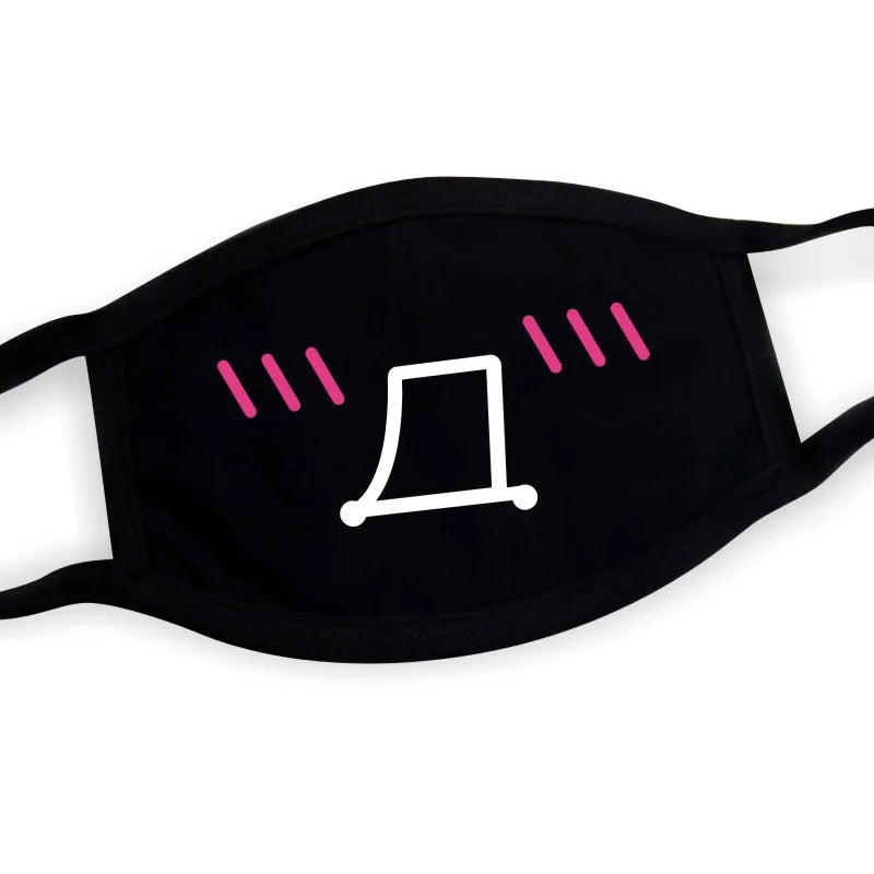 Kawaii surprise face mask with anime square mouth print on black fabric, unisex Harajuku style