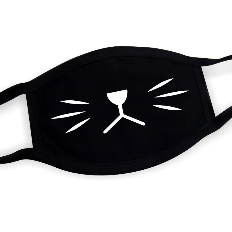 Black kawaii whisker face mask with bold neko print, two-layer breathable fabric, adjustable nose bridge