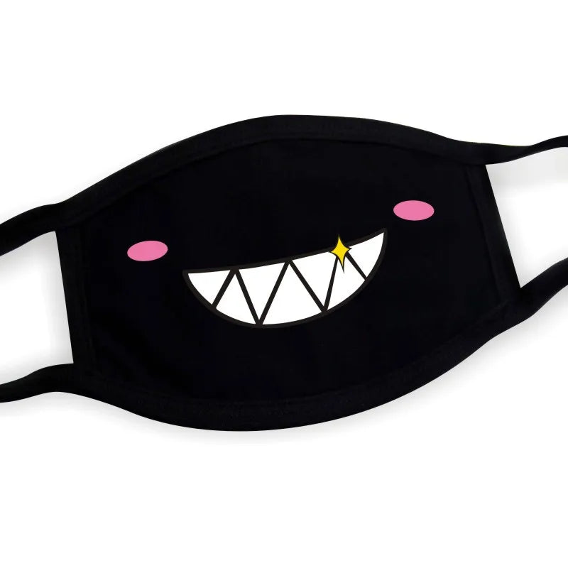 Kawaii anime face mask with sparkle tooth grin print, black breathable fabric, adjustable loops, Harajuku cosplay style