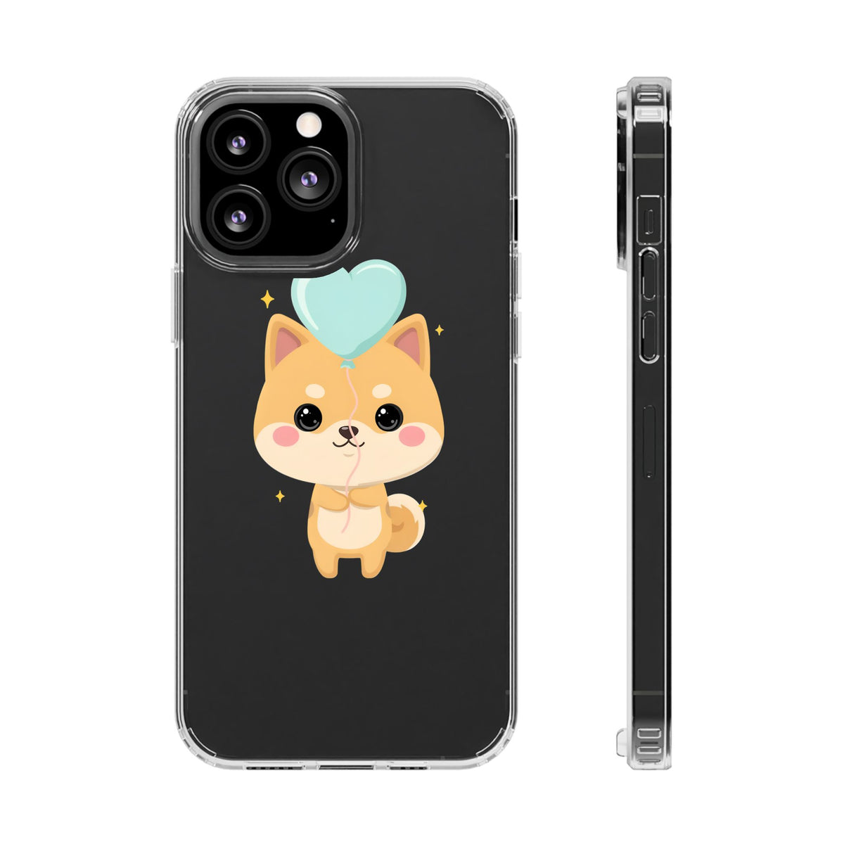 Kawaii Shiba Inu Clear Phone Case with Heart Balloon