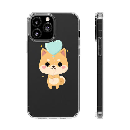 Kawaii Shiba Inu Clear Phone Case with Heart Balloon