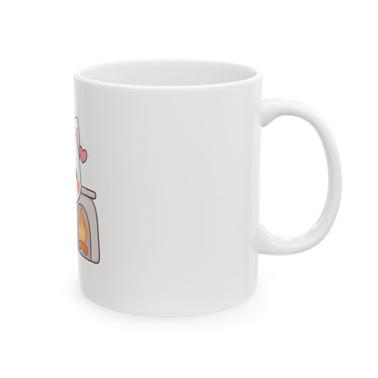 Kawaii Arctic Fox Mug – Cozy Fireplace Companion
