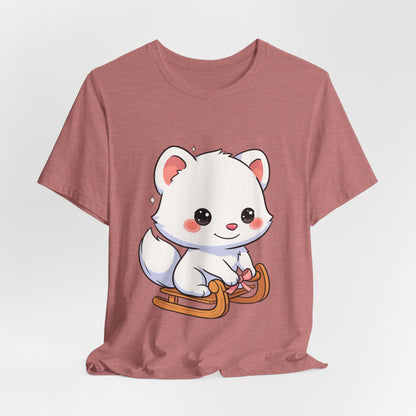 Kawaii Arctic Fox Sledding T-Shirt, Cute Unisex Tee