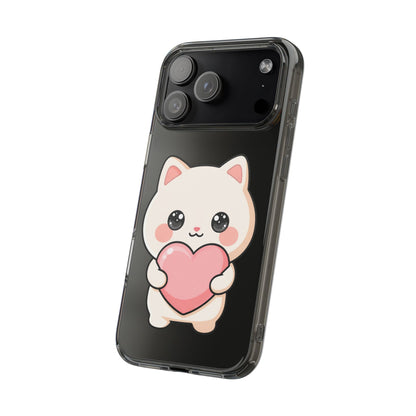 Kawaii Cat Phone Case with Heart, Clear Impact-Resistant