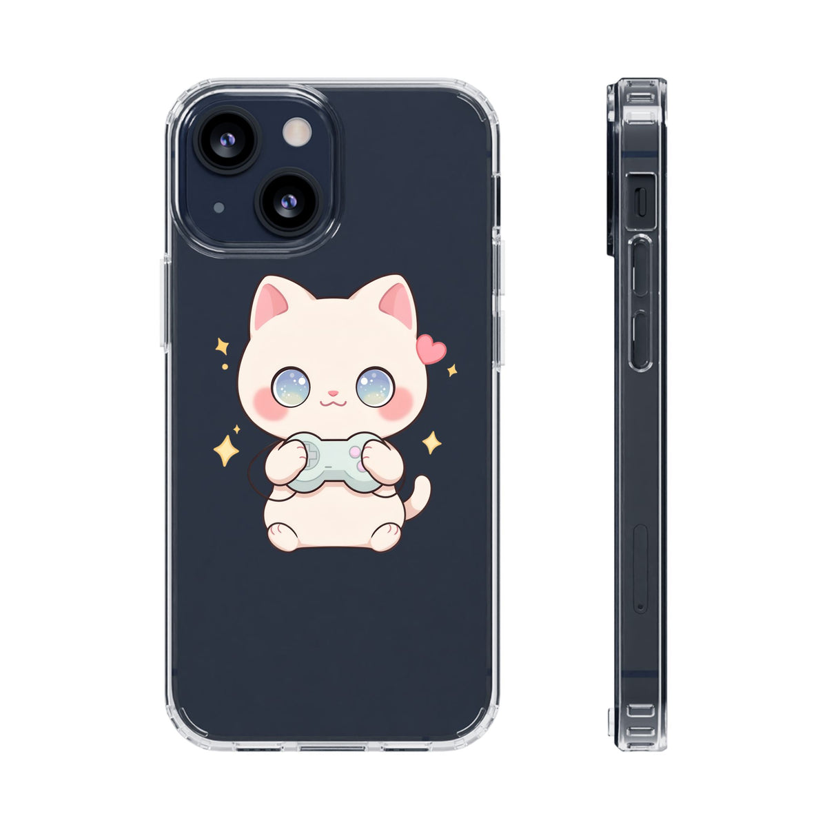 Kawaii Gamer Cat Clear Phone Case for Gaming Fans