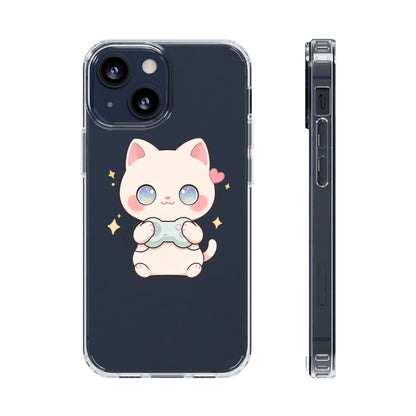 Kawaii Gamer Cat Clear Phone Case for Gaming Fans