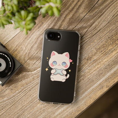 Kawaii Gamer Cat Clear Phone Case for Gaming Fans