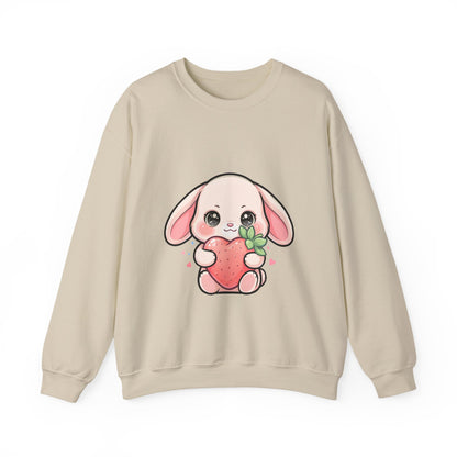 Kawaii Bunny Sweatshirt Hugging a Strawberry