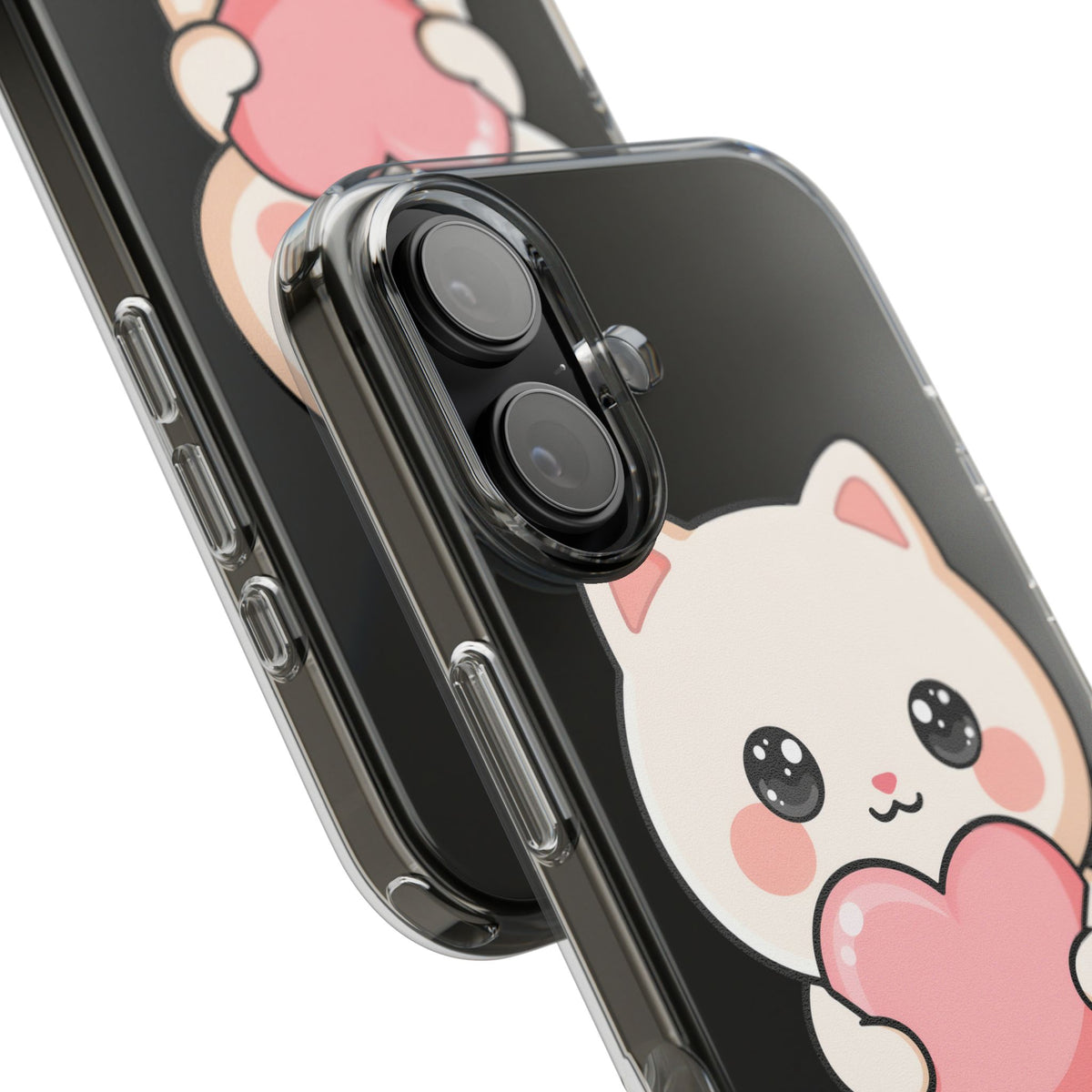 Kawaii Cat Phone Case with Heart, Clear Impact-Resistant