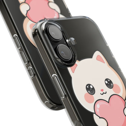 Kawaii Cat Phone Case with Heart, Clear Impact-Resistant