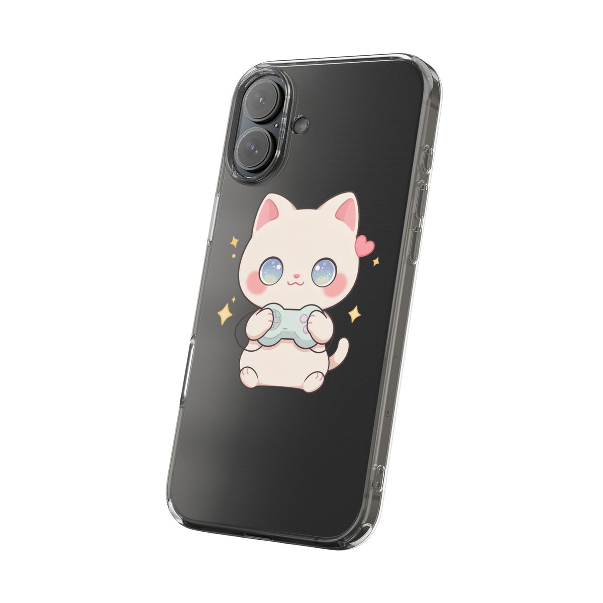 Kawaii Gamer Cat Clear Phone Case for Gaming Fans