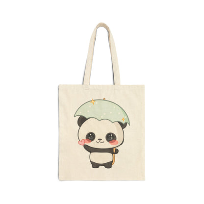 Kawaii Panda Tote Bag with Umbrella, Cute Cotton Canvas