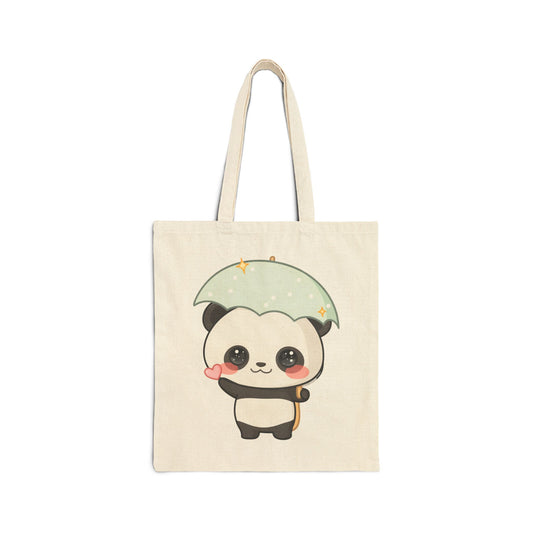 Kawaii Panda Tote Bag with Umbrella, Cute Cotton Canvas
