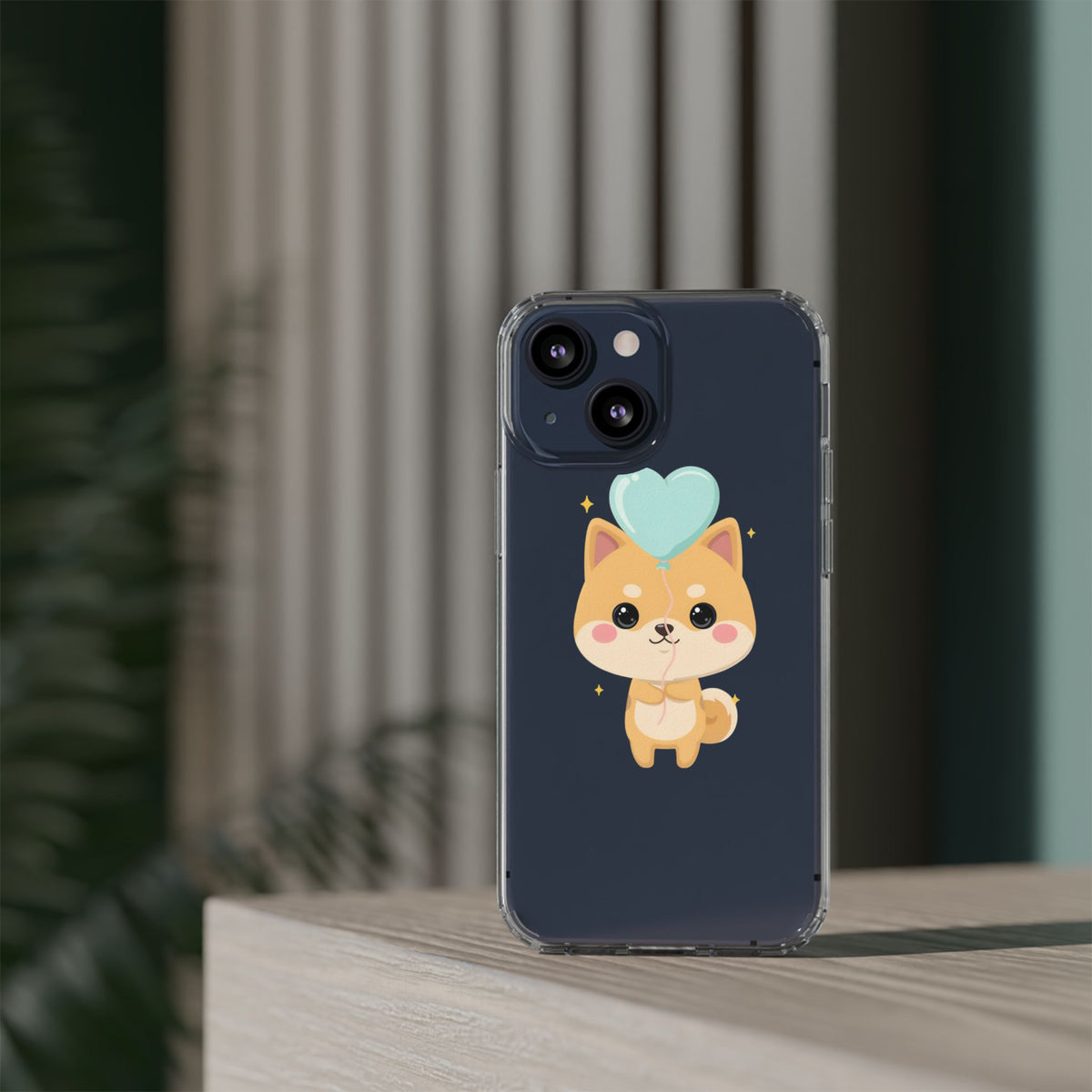 Kawaii Shiba Inu Clear Phone Case with Heart Balloon