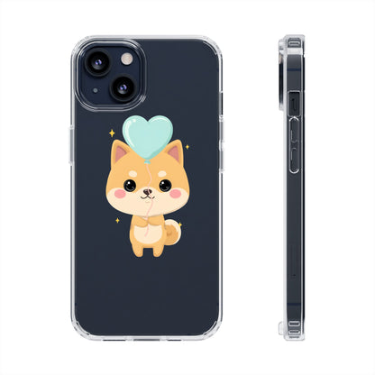 Kawaii Shiba Inu Clear Phone Case with Heart Balloon