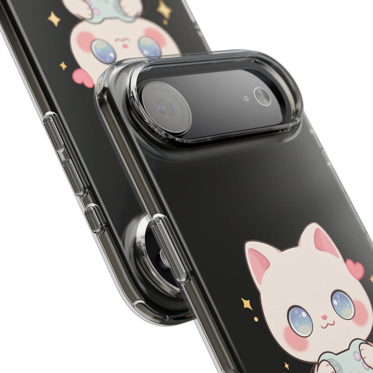 Kawaii Gamer Cat Clear Phone Case for Gaming Fans