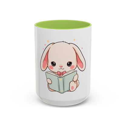 Kawaii Reading Bunny Mug, Cute Book Lover Accent Coffee Mug