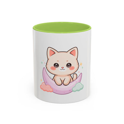 Kawaii Cat Moon Accent Coffee Mug, Cute Cat Lover Gift
