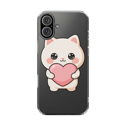 Kawaii Cat Phone Case with Heart, Clear Impact-Resistant