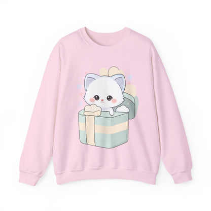 Kawaii Arctic Fox Sweatshirt, Cute Gift Box Fox Crewneck
