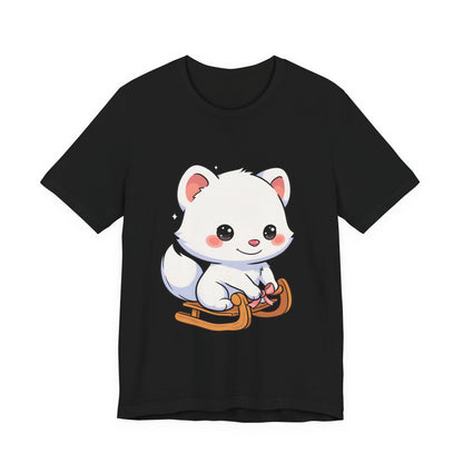 Kawaii Arctic Fox Sledding T-Shirt, Cute Unisex Tee