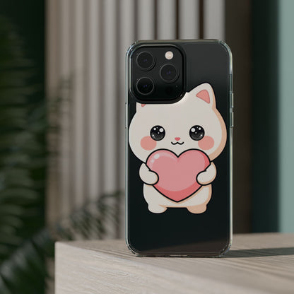 Kawaii Cat Phone Case with Heart, Clear Impact-Resistant