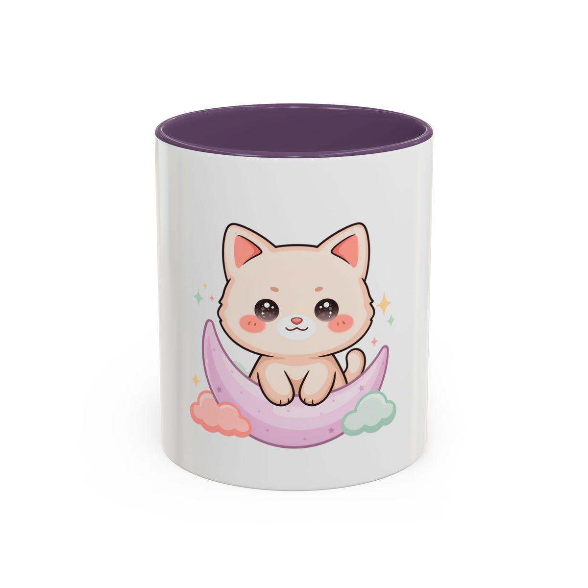 Kawaii Cat Moon Accent Coffee Mug, Cute Cat Lover Gift
