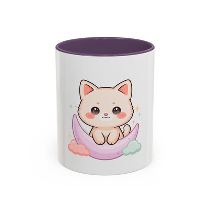 Kawaii Cat Moon Accent Coffee Mug, Cute Cat Lover Gift