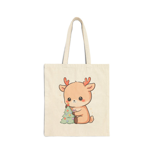 Kawaii Reindeer Christmas Tree Cotton Canvas Tote Bag
