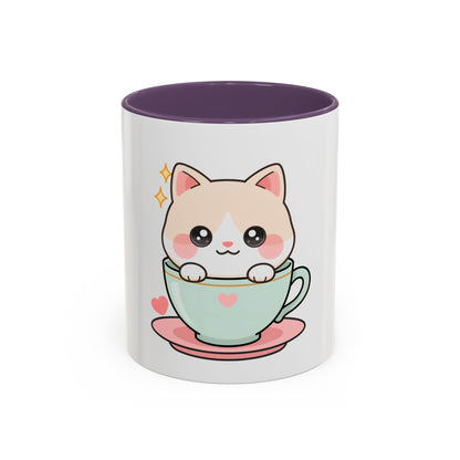 Kawaii Cat Coffee Mug, Cute Cat in Teacup Accent Mug