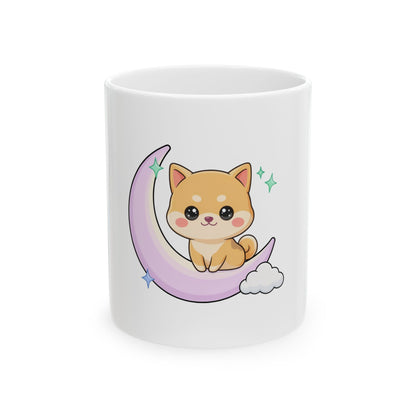 Kawaii Shiba Inu Mug, Cute Crescent Moon Dog Ceramic Cup