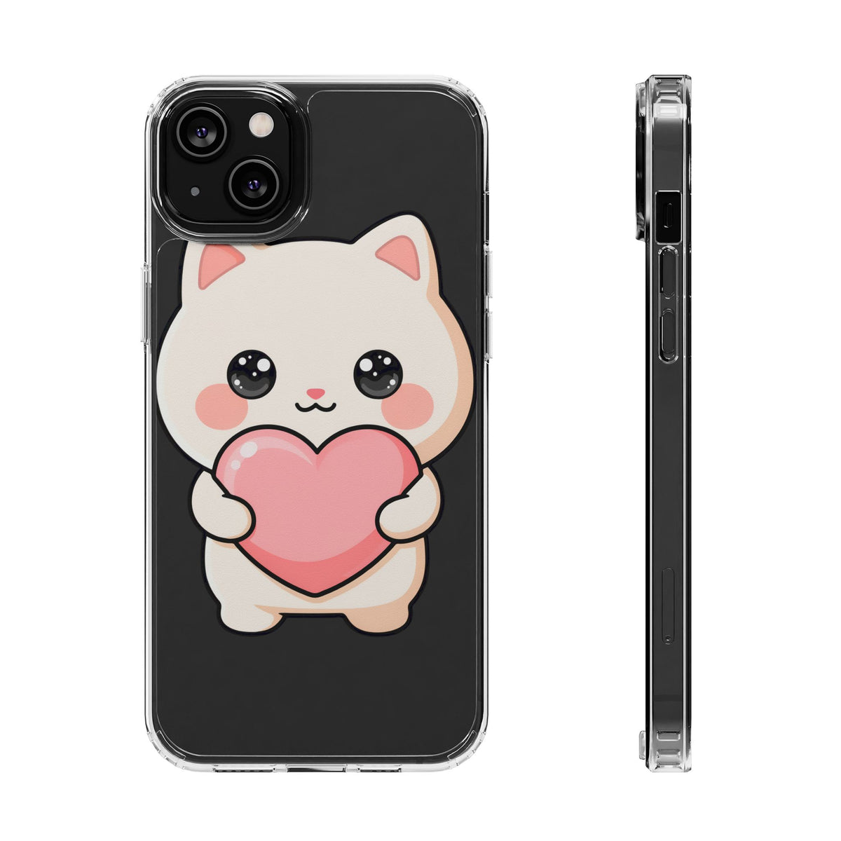 Kawaii Cat Phone Case with Heart, Clear Impact-Resistant