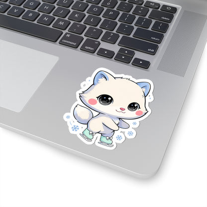Kawaii Arctic Fox Ice Skating Kiss-Cut Sticker