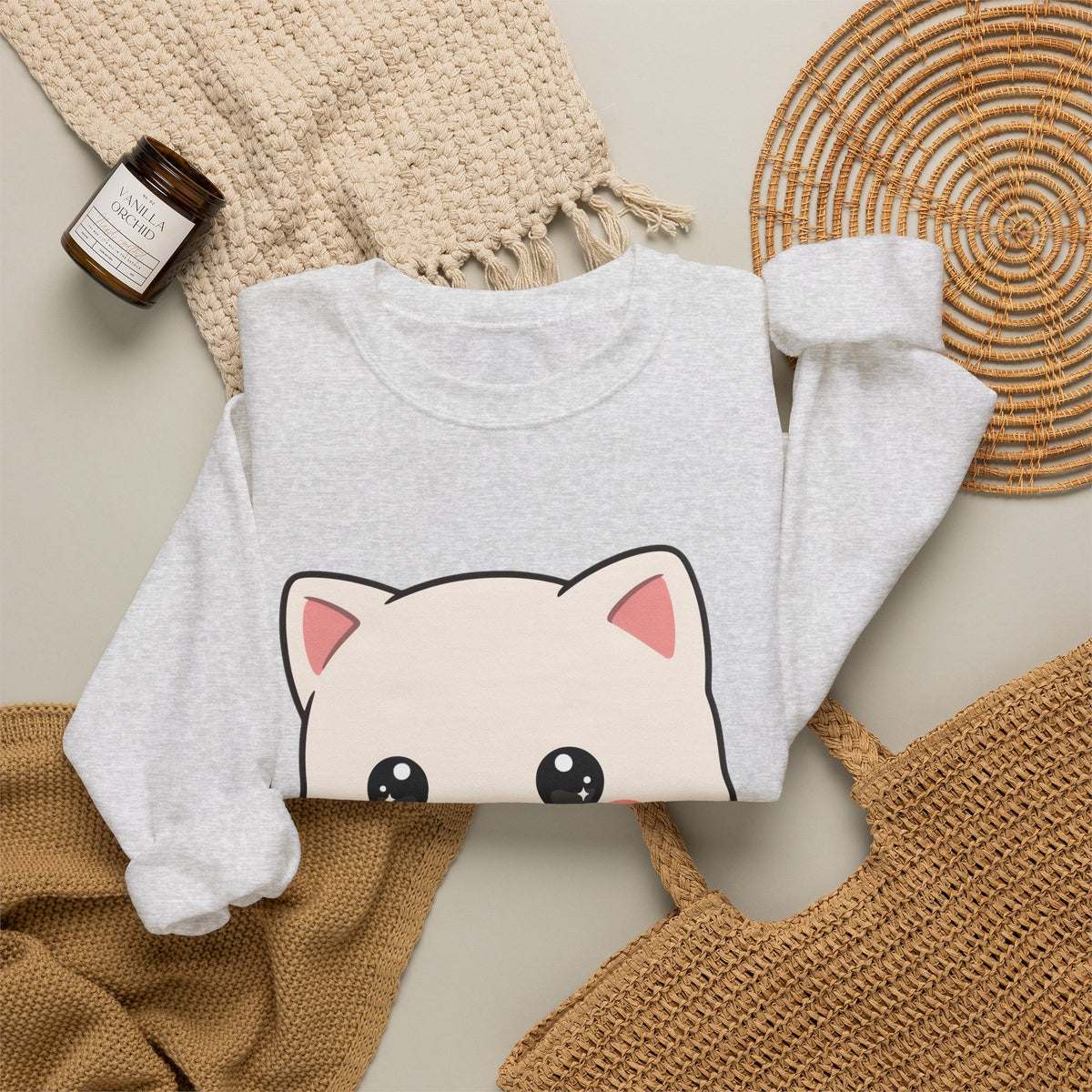 Kawaii Cat Strawberry Sweatshirt, Cute Chibi Crewneck