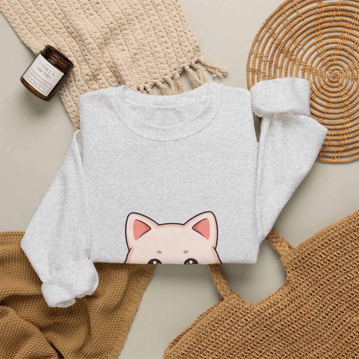 Kawaii Cat Sweatshirt, Cute Crescent Moon Kitten