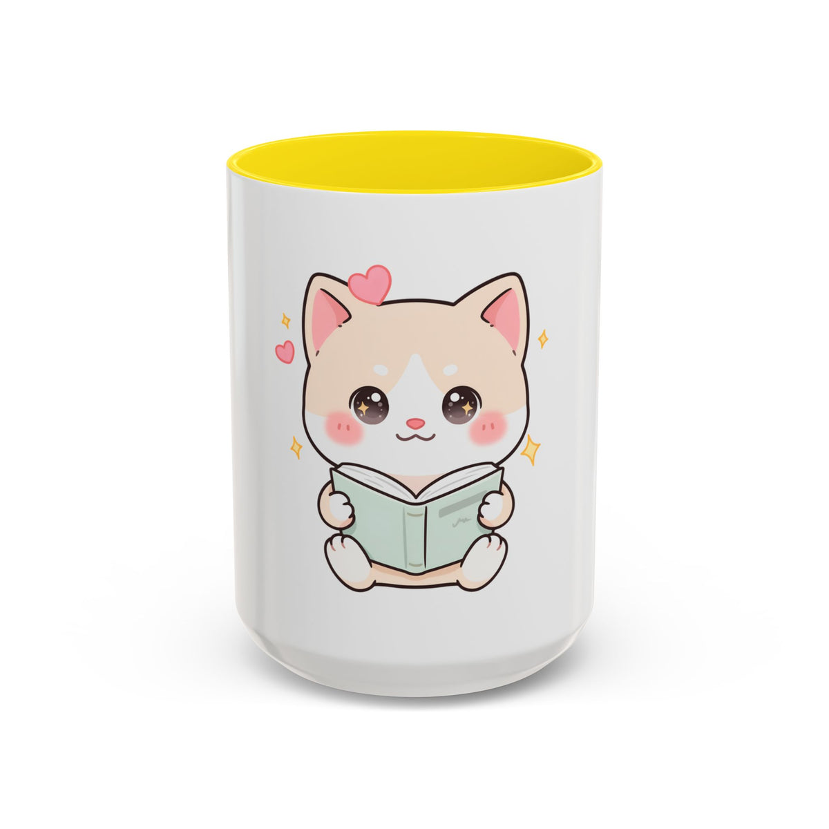Kawaii Cat Reading Mug, Cute Book Lover Accent Coffee Mug