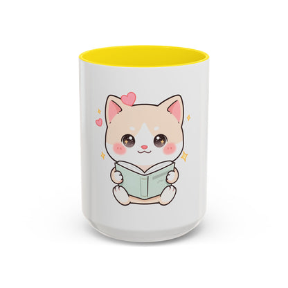 Kawaii Cat Reading Mug, Cute Book Lover Accent Coffee Mug