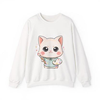 Kawaii Artist Cat Sweatshirt, Cute Creative Cat Lover Gift