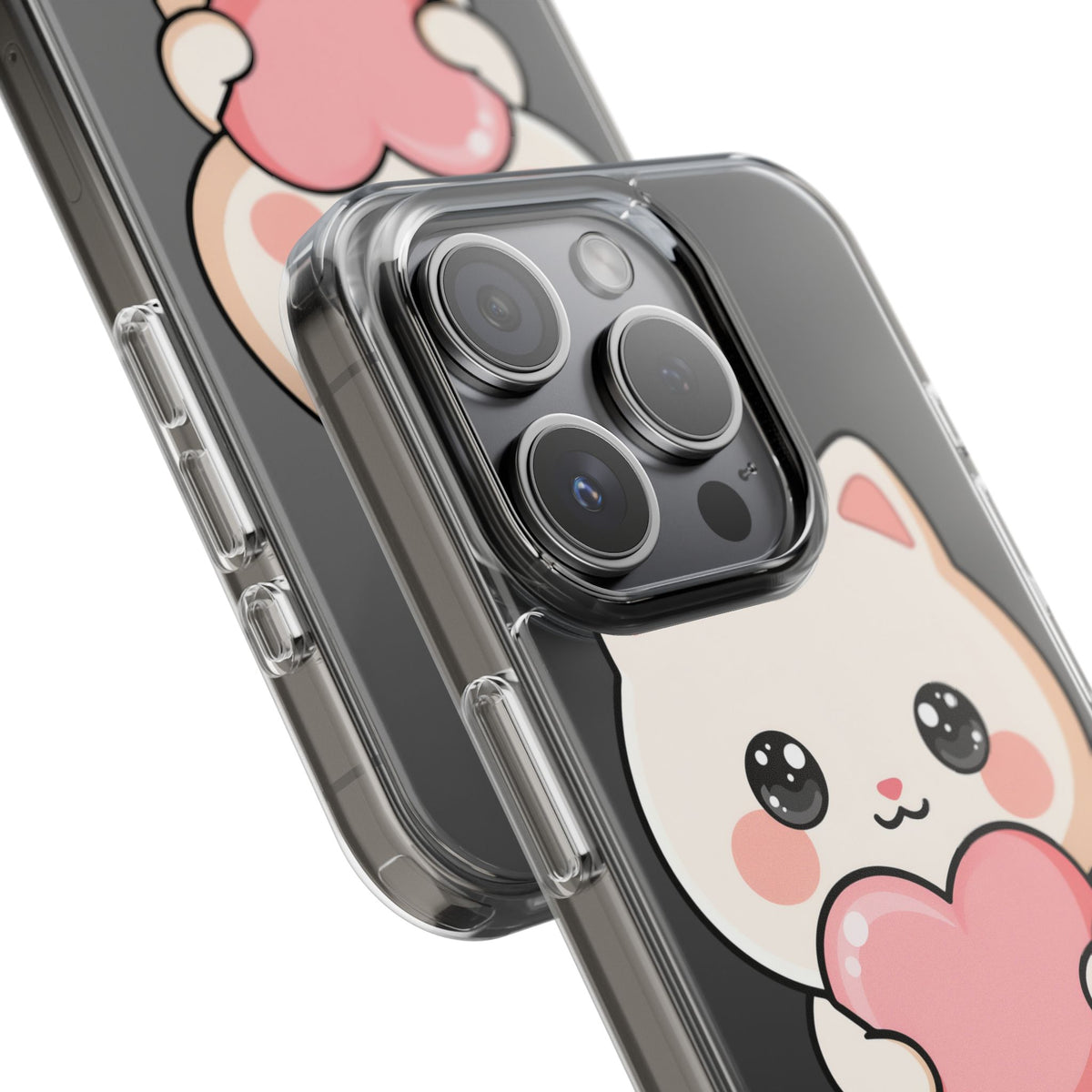 Kawaii Cat Phone Case with Heart, Clear Impact-Resistant