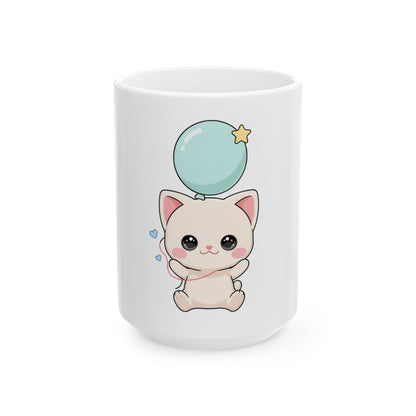 Kawaii Cat Balloon Mug, Cute Chibi Cat Ceramic Coffee Cup