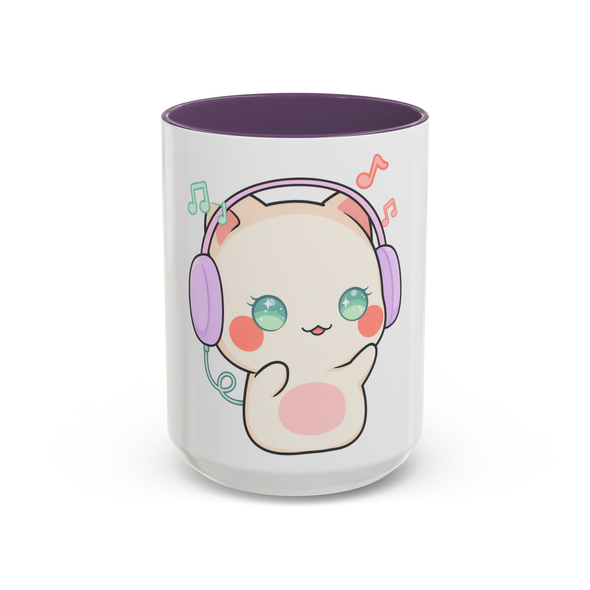 Kawaii Cat Coffee Mug, Music Lover Accent Ceramic Mug