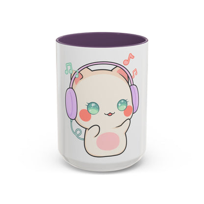 Kawaii Cat Coffee Mug, Music Lover Accent Ceramic Mug